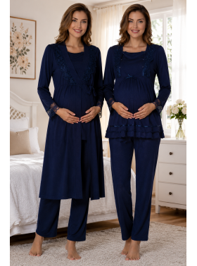 Effortt 2018L Lacivert Kolay Emzirme Özellikli Sabahlıklı Lohusa Pijama Takımı